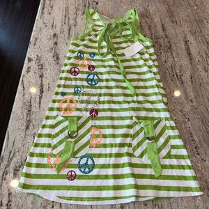 Girls green  and white striped peace sign dress